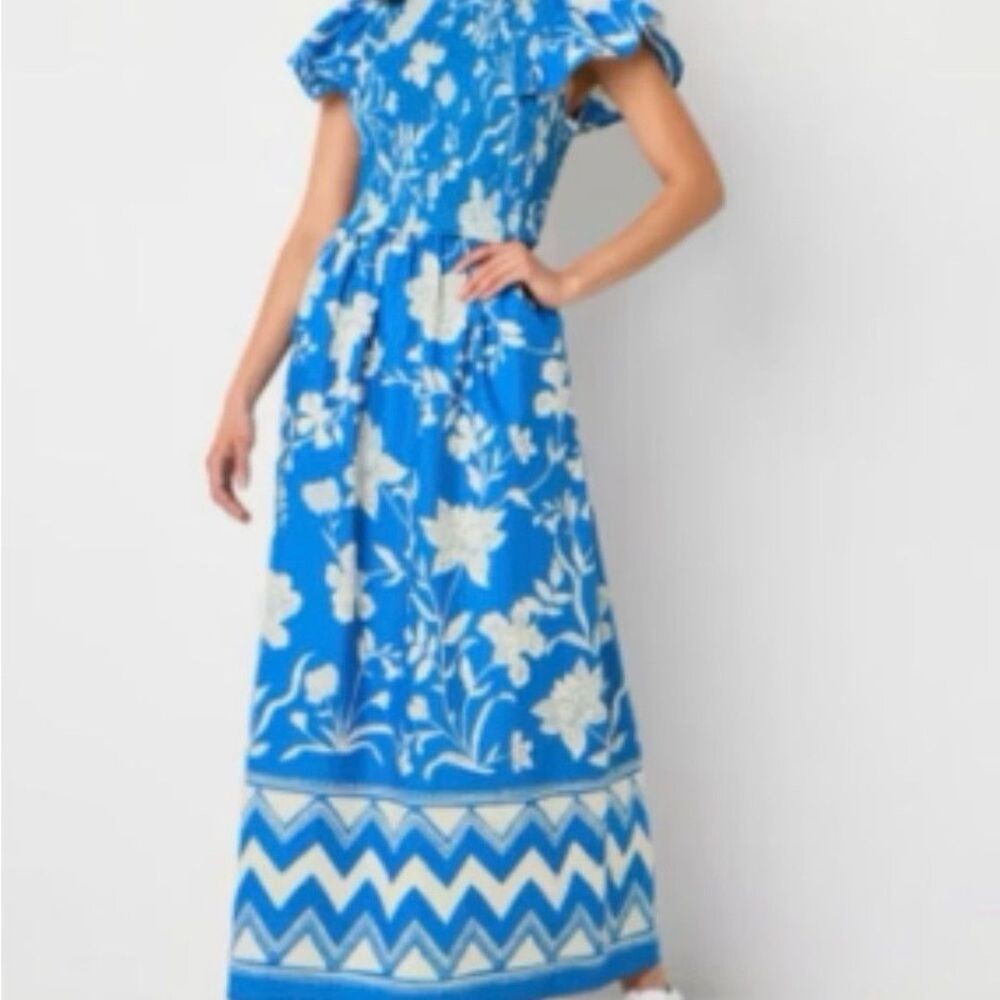 Blue Floral Maxi Dress with Smocked Waist and Flutter Sleeves